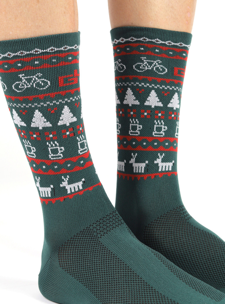 Green Christmas socks for cycling