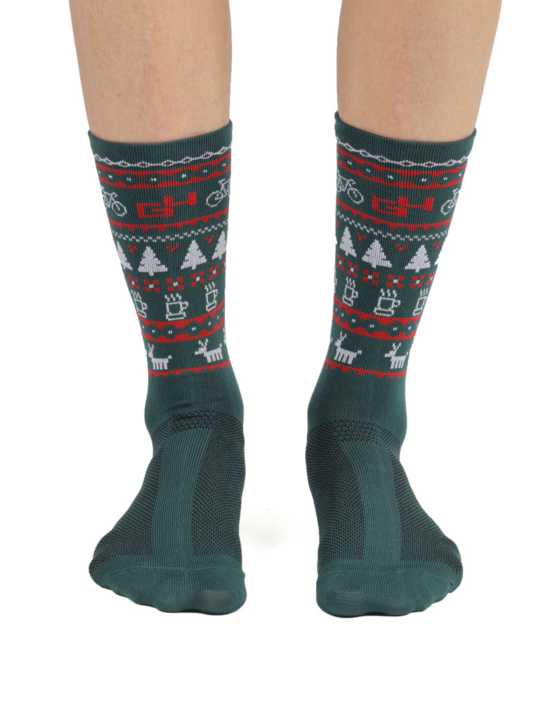 Green Christmas socks for cycling